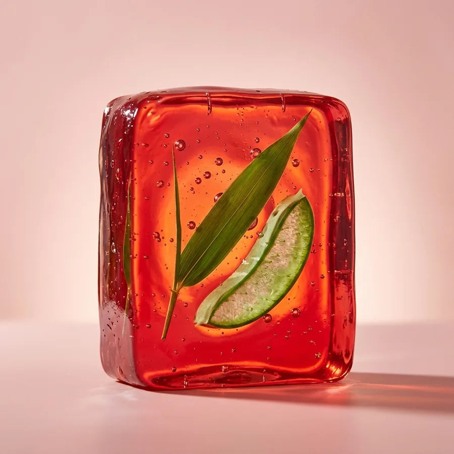 Hoja de bambú y aloe vera suspendidos dentro del gel
