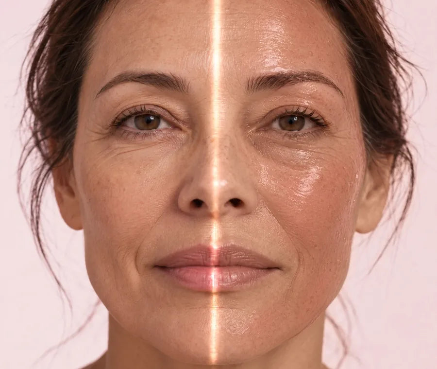 Rostro de mujer de más de 40 dividido en dos mitades, con el gel aplicado solo en la derecha