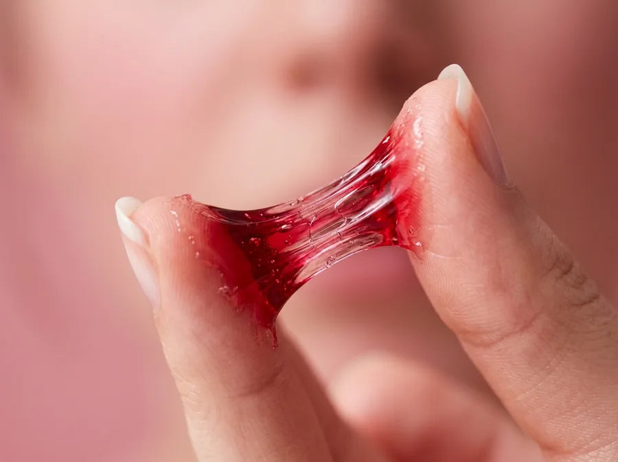Gel jelly rojo estirándose entre los dedos